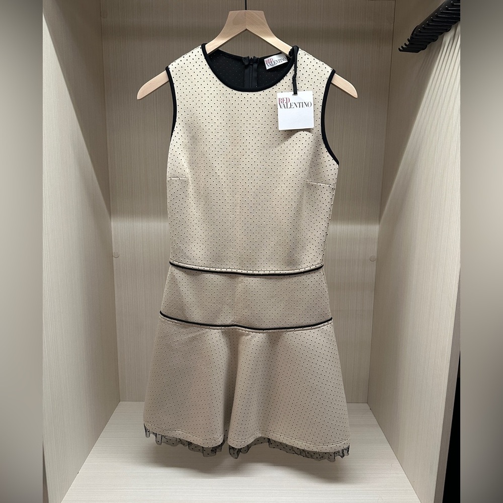 SOLD NWT RED Valentino Sleeveless Dotted Neoprene Dress Cream Beige Black Lace S